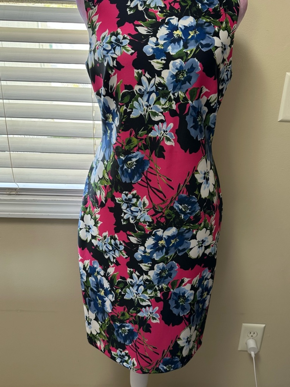 Tommy Hilfiger Fuchsia Floral Midi Sheath Dress with Blue Blooms